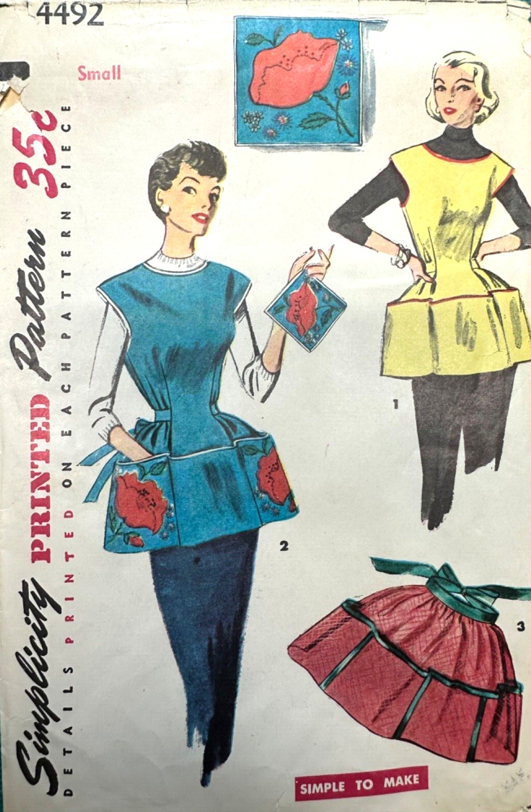 Vintage 1950 Bib Apron Cobblers APRON Half Apron Applique Simplicity 4492 SM #1