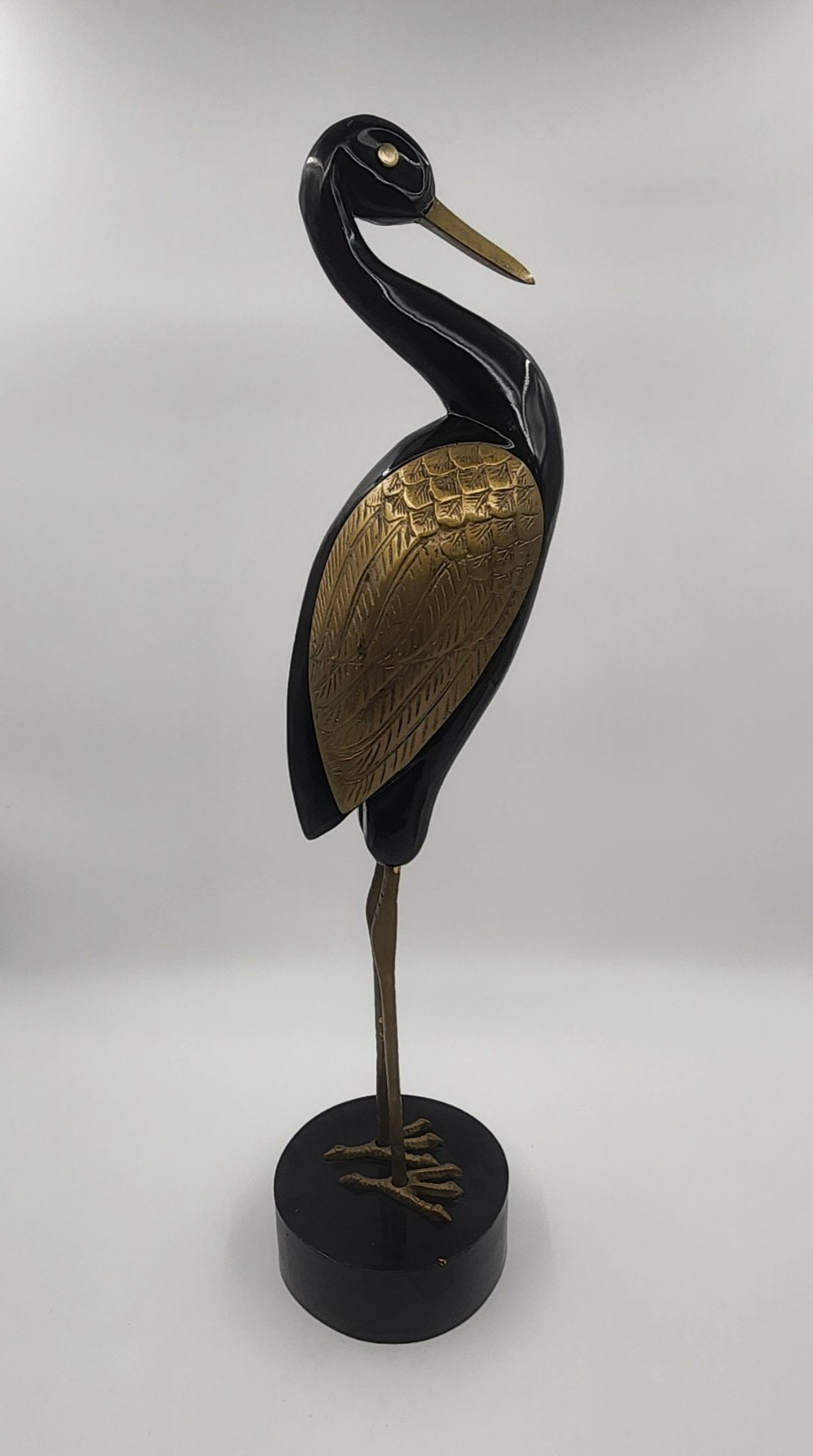 Vintage Bronze and Brass Crane w/ Wooden Base