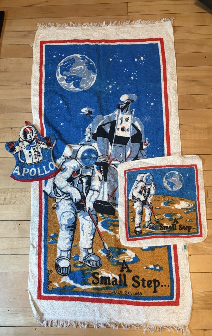 Vintage 1970s 3 Pc Towel Washcloth Set Sayco Cotton Space Apollo A Small Step