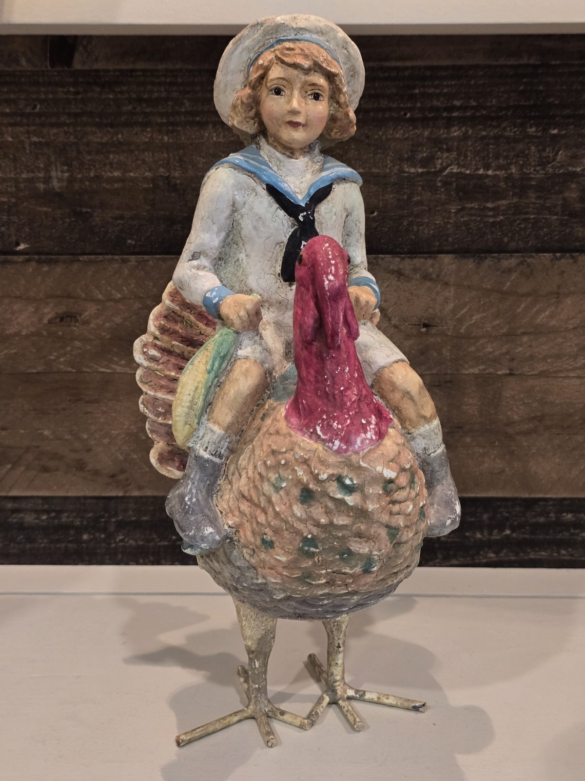 Rare Retired Bethany Lowe Thanksgiving Figurine Pilgrim Boy Riding Turkey Folk 