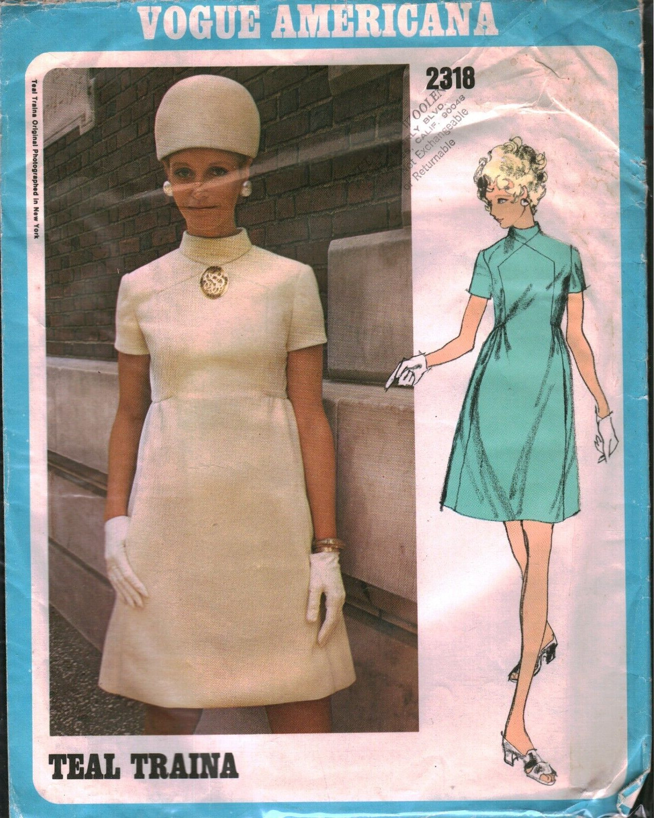 2318 Vintage Vogue Sewing Pattern Misses 1960s Americana Teal Traina Dress 12