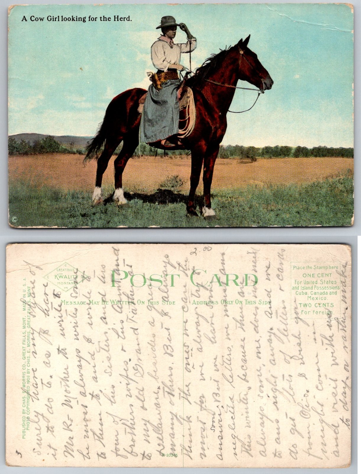 A Cow Girl looking for the Herd Horse Western Chas E Morris Postcard