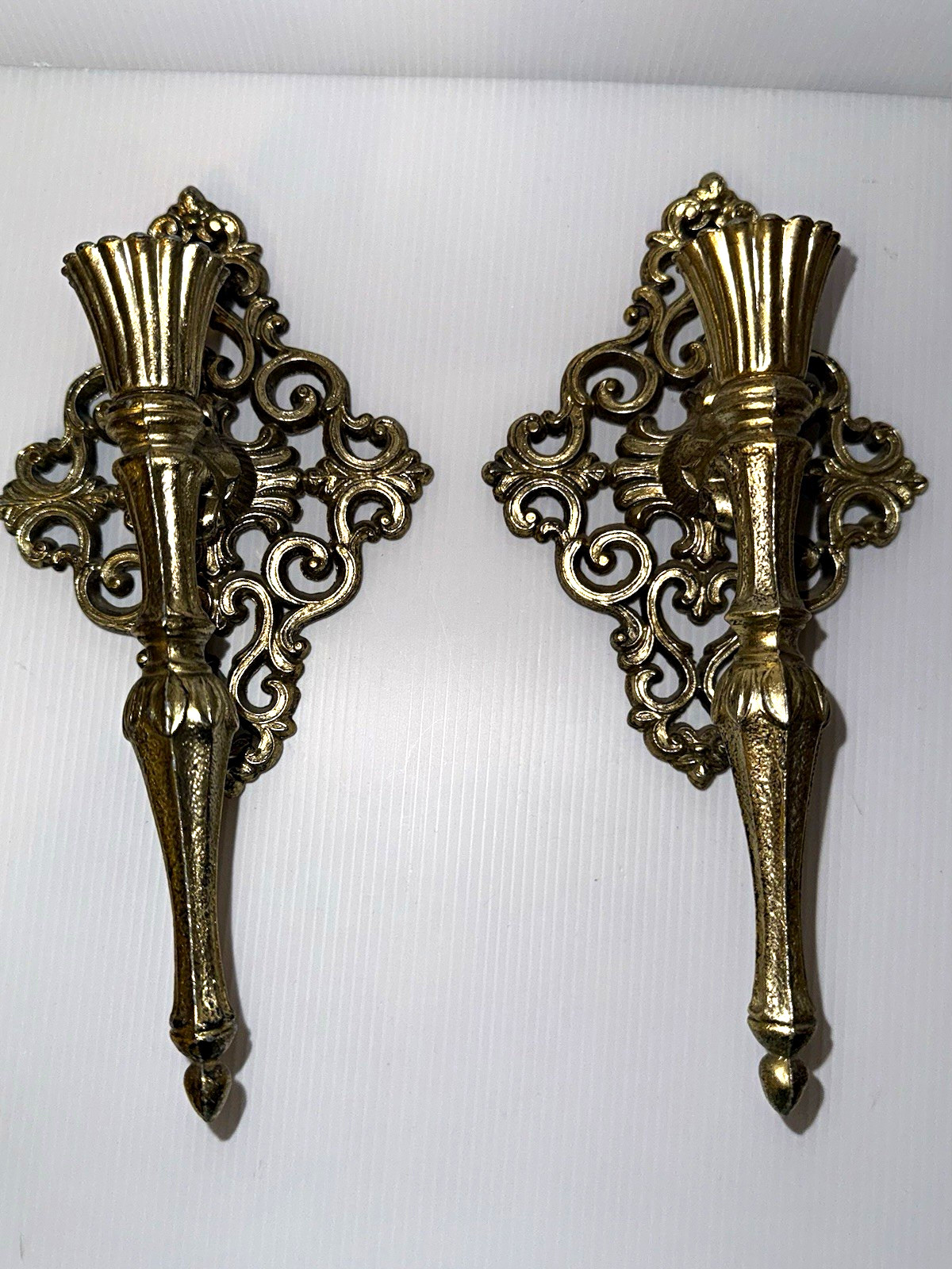 Vintage Pair Gold Tone Metal Wall Candle Sconces Ornate Scroll Wall Mounted 8 in