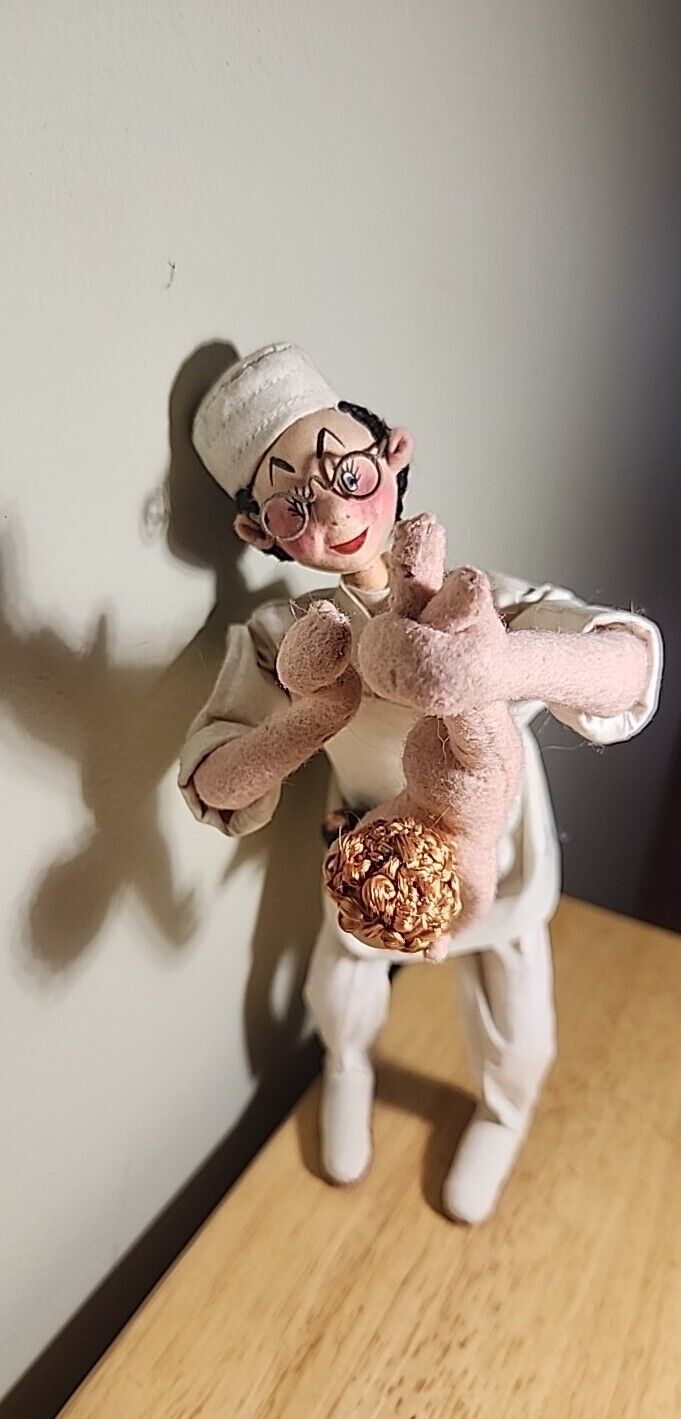 Vintage Mid Century Klumpe Roldan felt Pediatrician Doctor with Baby Doll