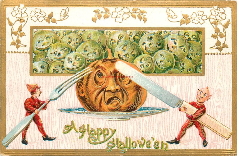 Halloween, Two Elves Cutting Pumpkin Head, Gottschalk No 2040 A-5