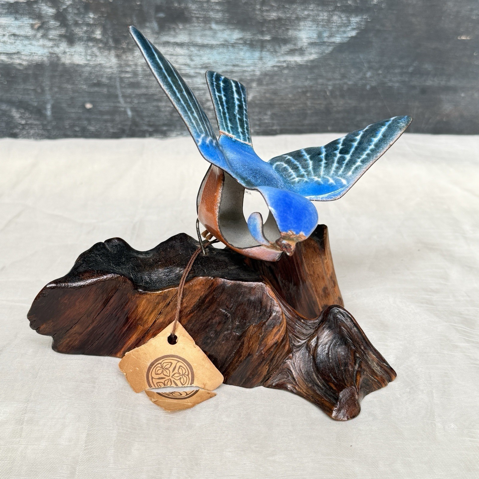 Norman Brumm Enamel On Copper Blue Bird Burl Wood Vintage Metal Norman Brumm Enamel On Copper Blue Bird Burl Wood Vintage Metal
