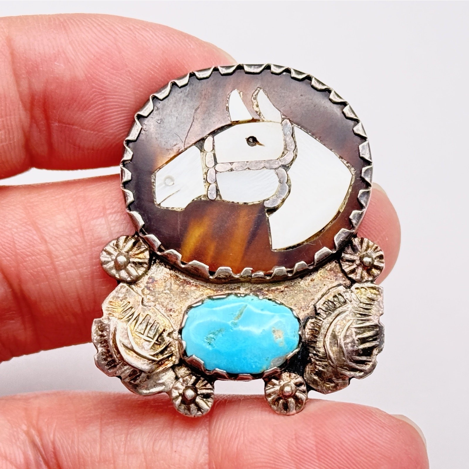 Vintage Zuni Native Horse Mother of Pearl Turquoise Inlay Silver Pendant