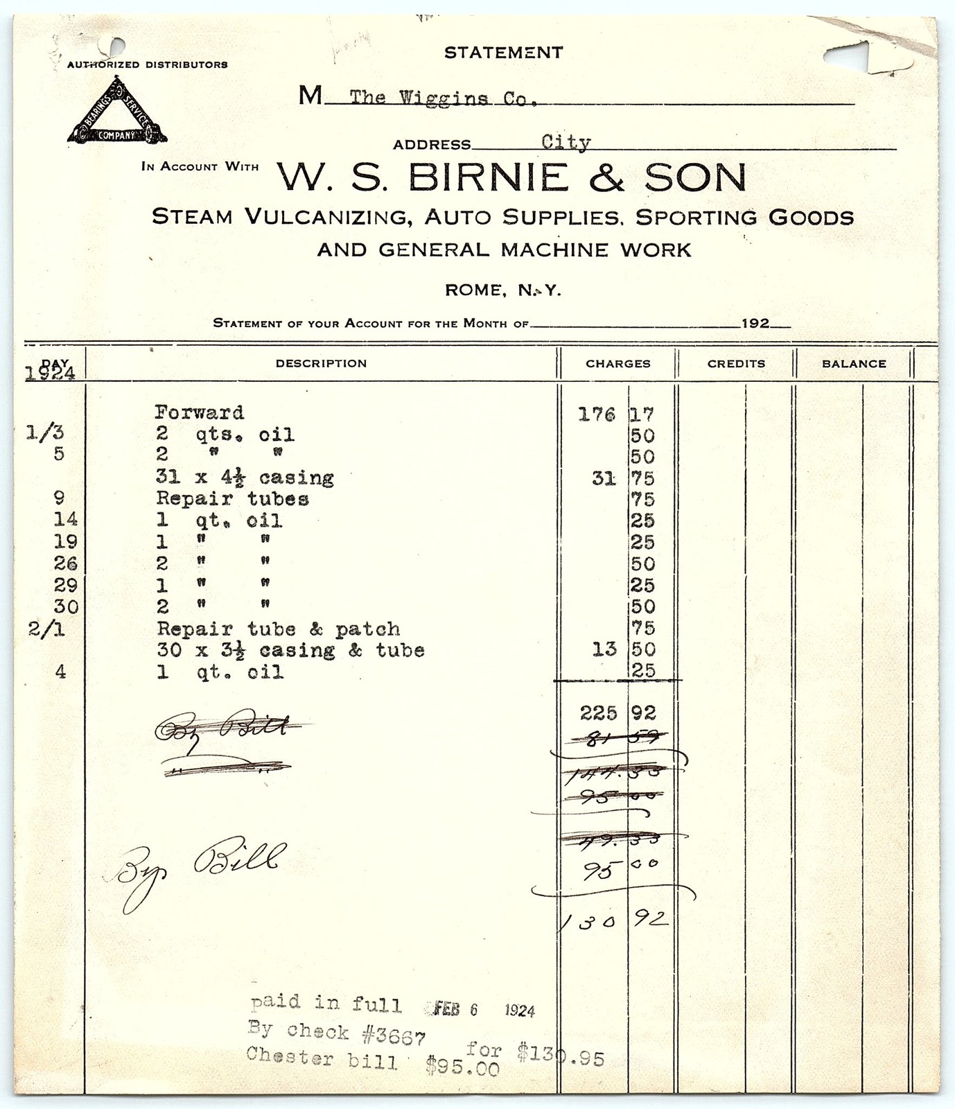 1924 W.S. Birnie & Son Auto/Sporting Goods Paid Billhead