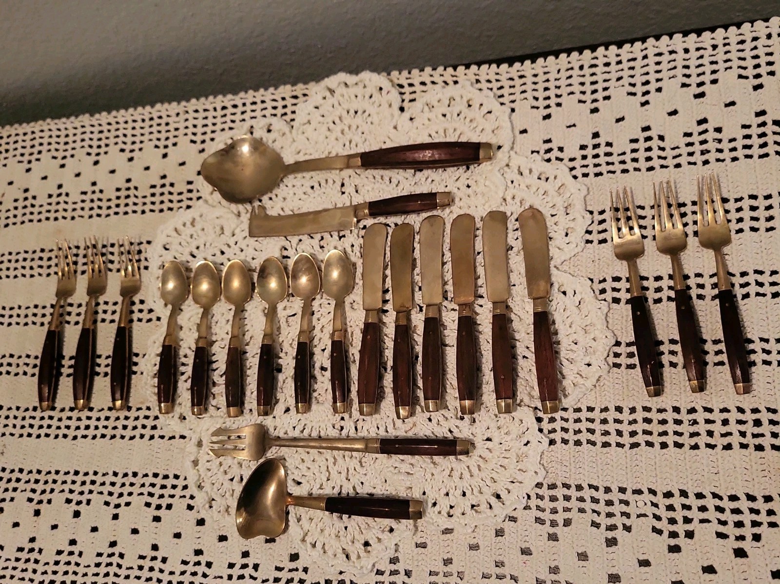 Vintage Rosewood & Brass Appetizer or Dessert Flatware Set with Servers