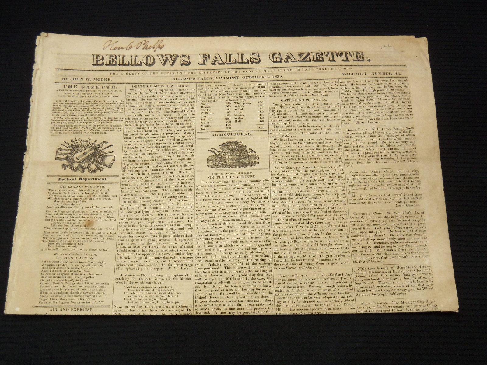 1839 OCTOBER 5 BELLOWS FALLS GAZETTE NEWSPAPER - VERMONT - NP 3297G 1839 OCTOBER 5 BELLOWS FALLS GAZETTE NEWSPAPER - VERMONT - NP 3297G