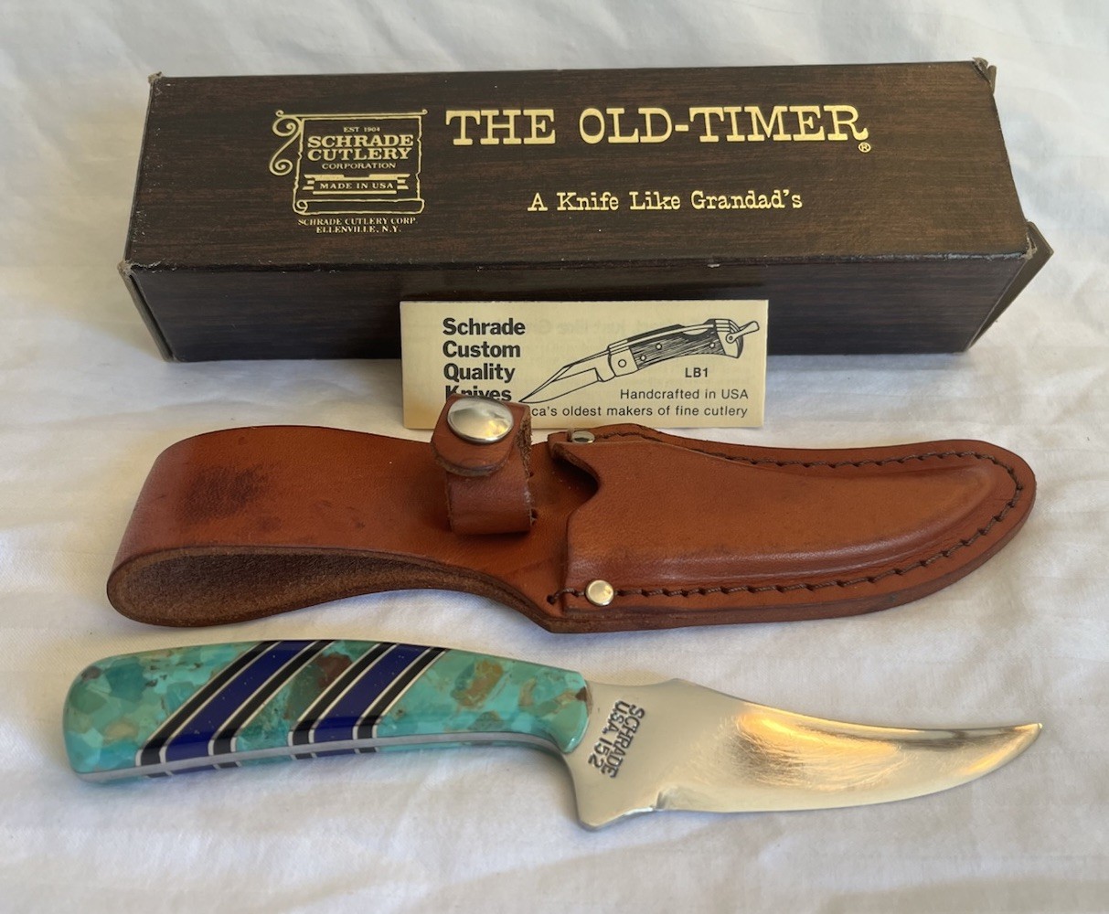 Custom USA Schrade Old Timer 152 152OT Sharpfinger Drop w/ Sheath and Box Used Custom USA Schrade Old Timer 152 152OT Sharpfinger Drop w/ Sheath and Box Used