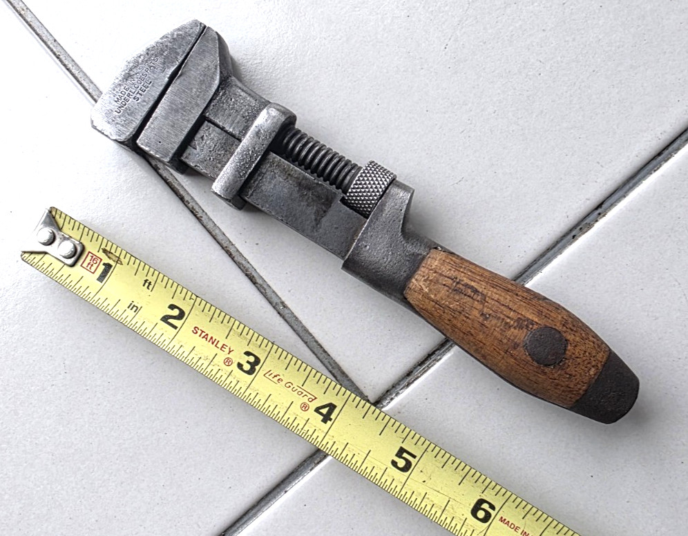 Vintage 6 1/2 Inch Coes Wrench Co Adjustable Monkey Wrench Wooden Handle