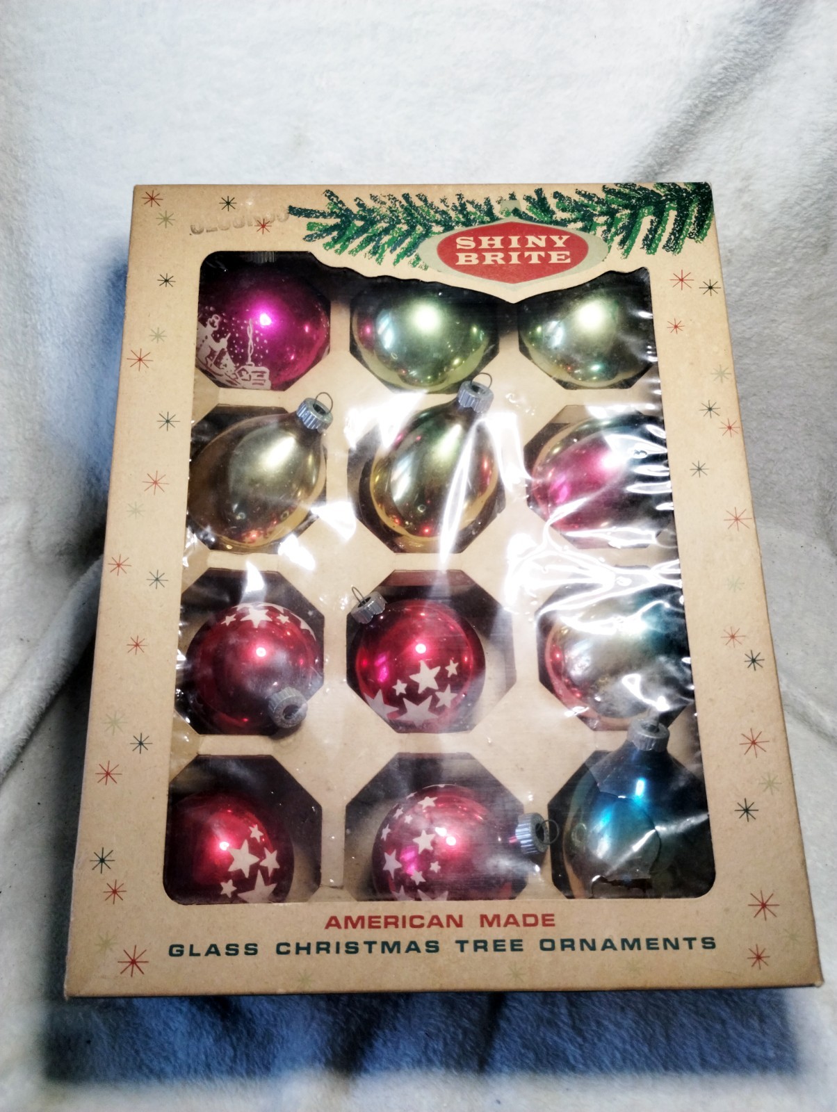 Vintage Shiny Brite Glass Christmas Ornaments Lot of 12 USA Original Box MCM