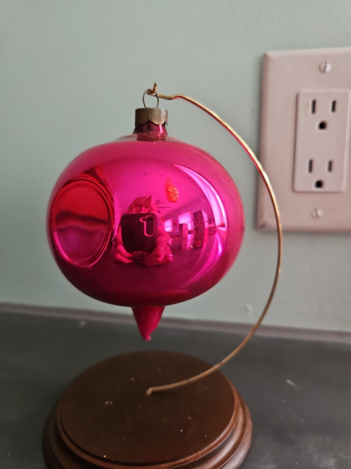 Rare Vtg heim Pink  Double Flat  indent teardrop glass ornament made in US of A