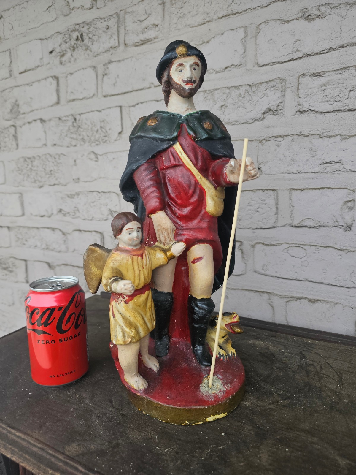 Antique 19thc chalkware flemish saint roch statue dog angel rare