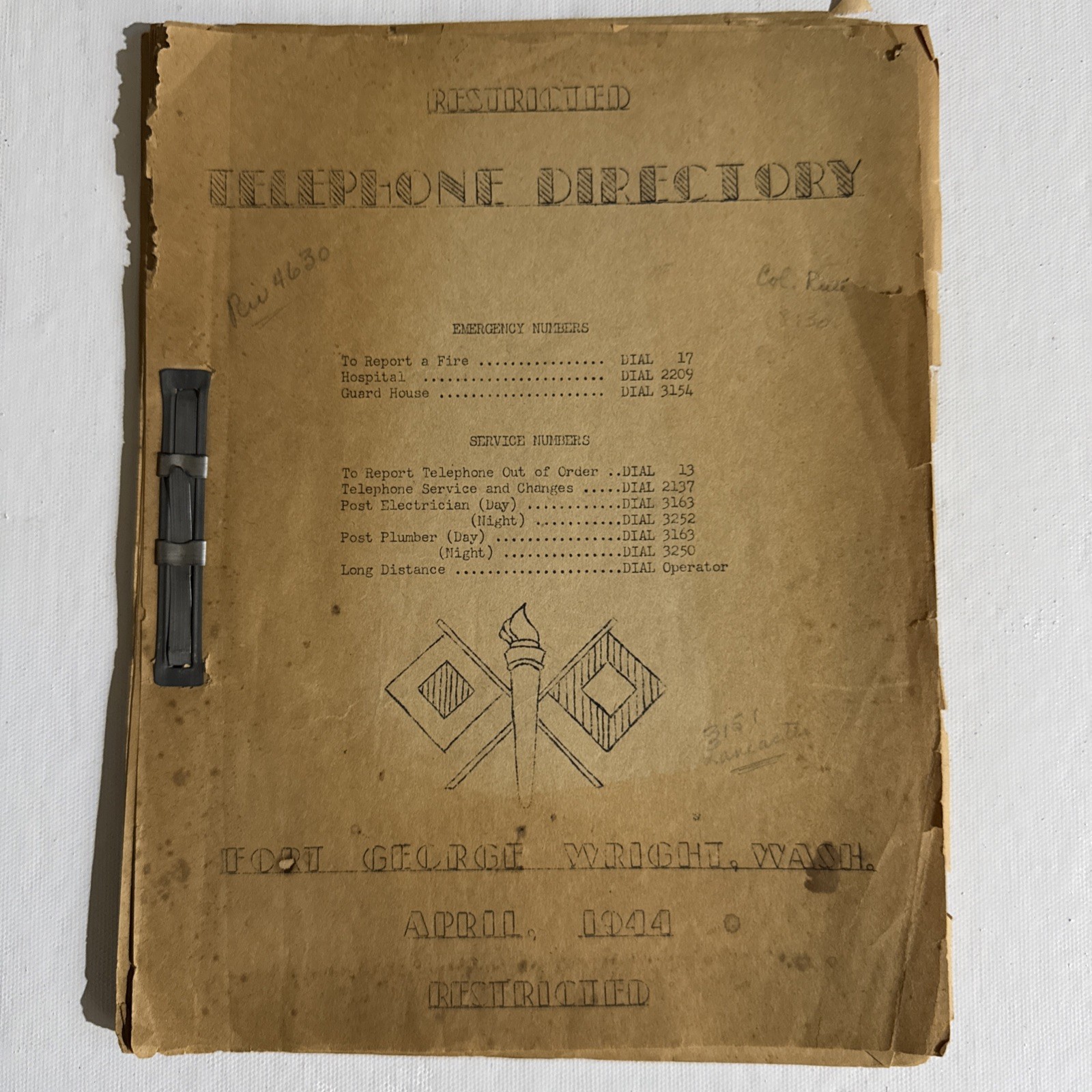 Rare Restricted Telephone Directory Fort George Wright, Wash 1944 Vintage