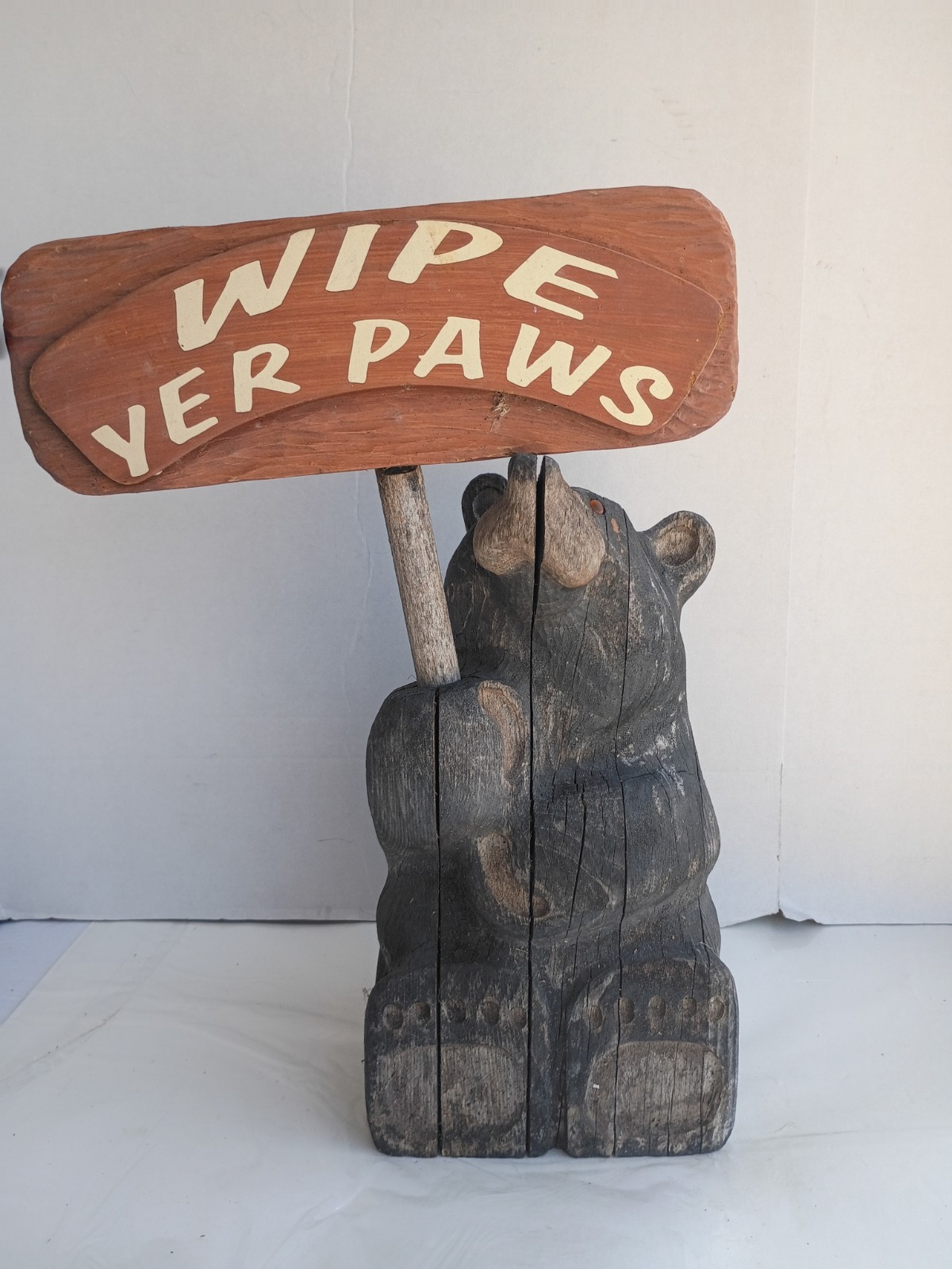 Big Sky Carvers Jeff Fleming Roy Bear Wipe Yer Paws Sign Solid Wood 19.5\