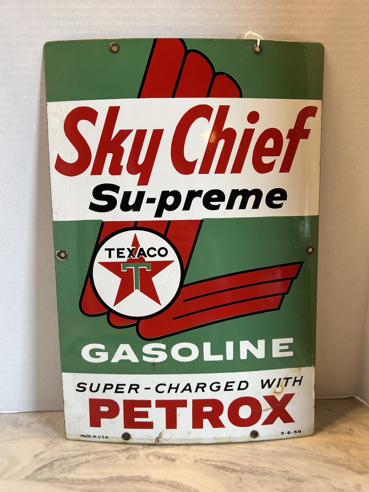 Vintage 1959 Texaco Sky ChiefSupreme Gasoline Porcelain Sign