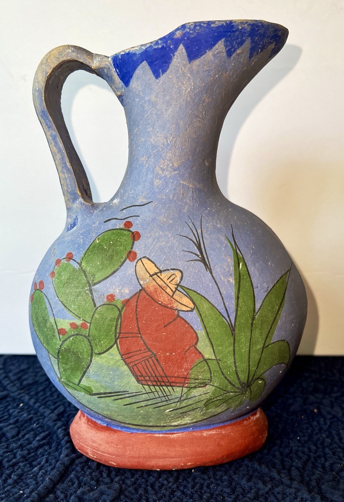 Vintage Tlaquepaque Mexican Pottery Pitcher Rare Matte Blue Folk Art -1950’s