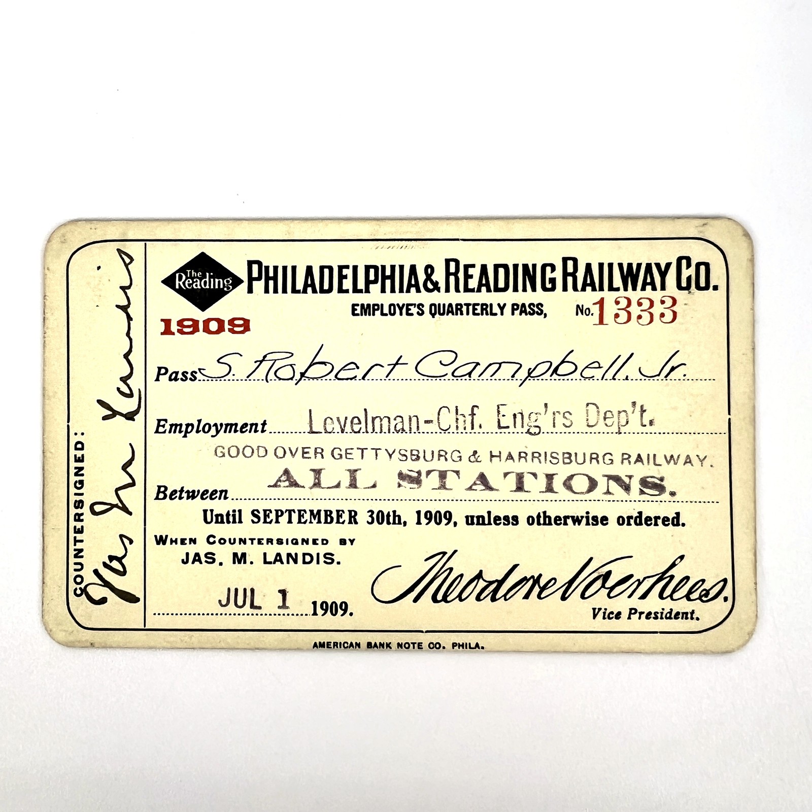 1909 Philadelphia Reading Railway Employee Pass Gettysburg Harrisburg RR 1333