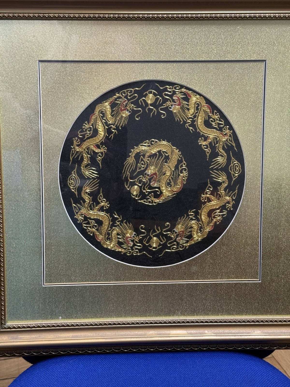 Hand Embroidered Gold Thread Dragon Textile Art Framed Sri Lanka