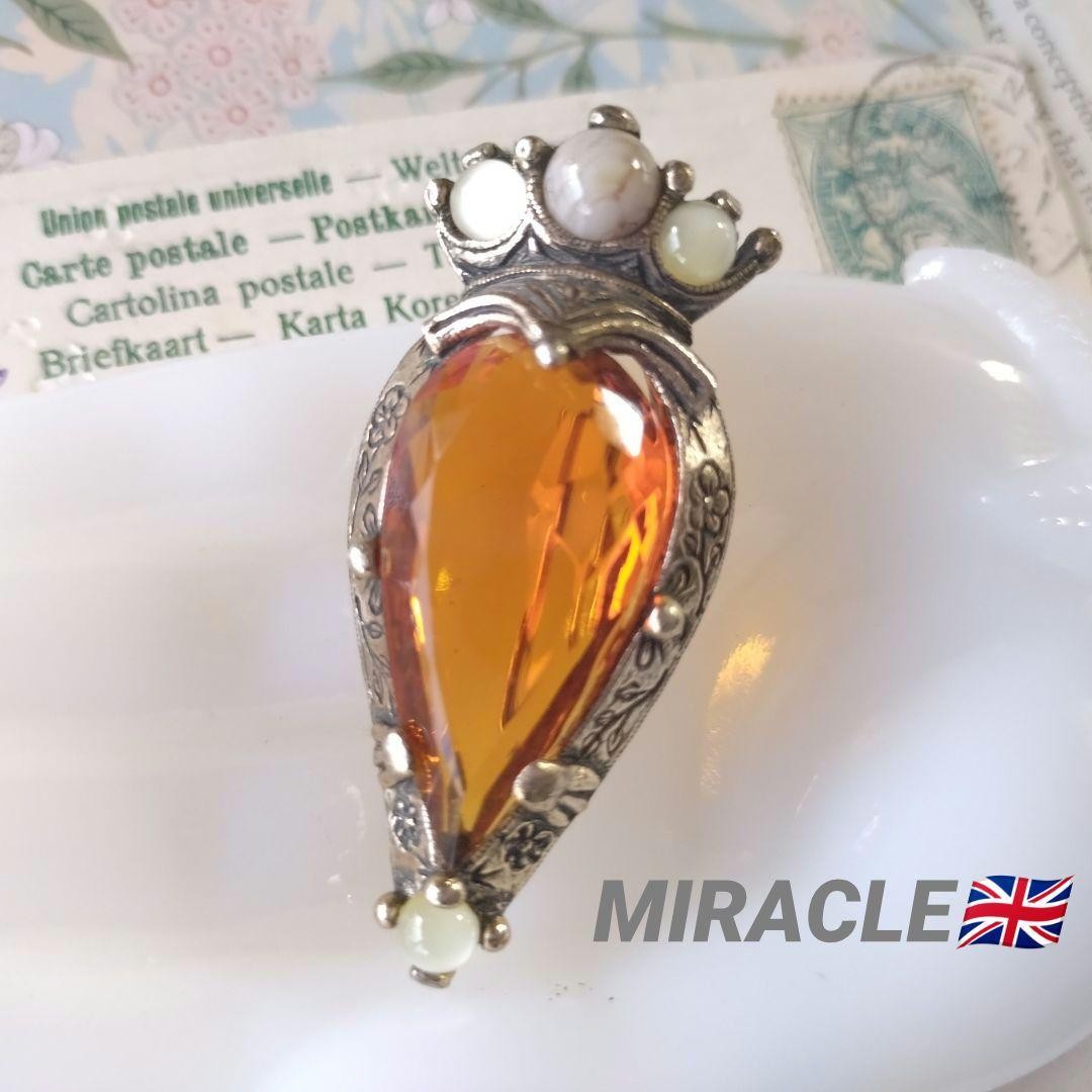Vintage Miracle Amber Glass Heart Crown Brooch, UK, Antique, Orange