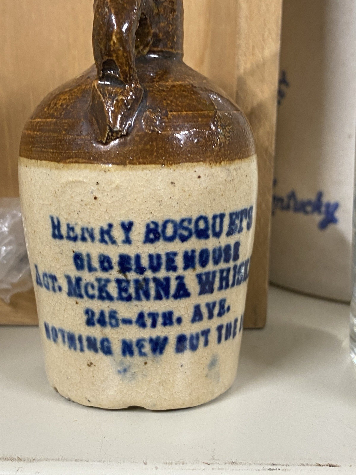 Henry Bosquets Old Blue House Mini McKenna Whiskey Jug STONEWARE Louisville KY Henry Bosquets Old Blue House Mini McKenna Whiskey Jug STONEWARE Louisville KY