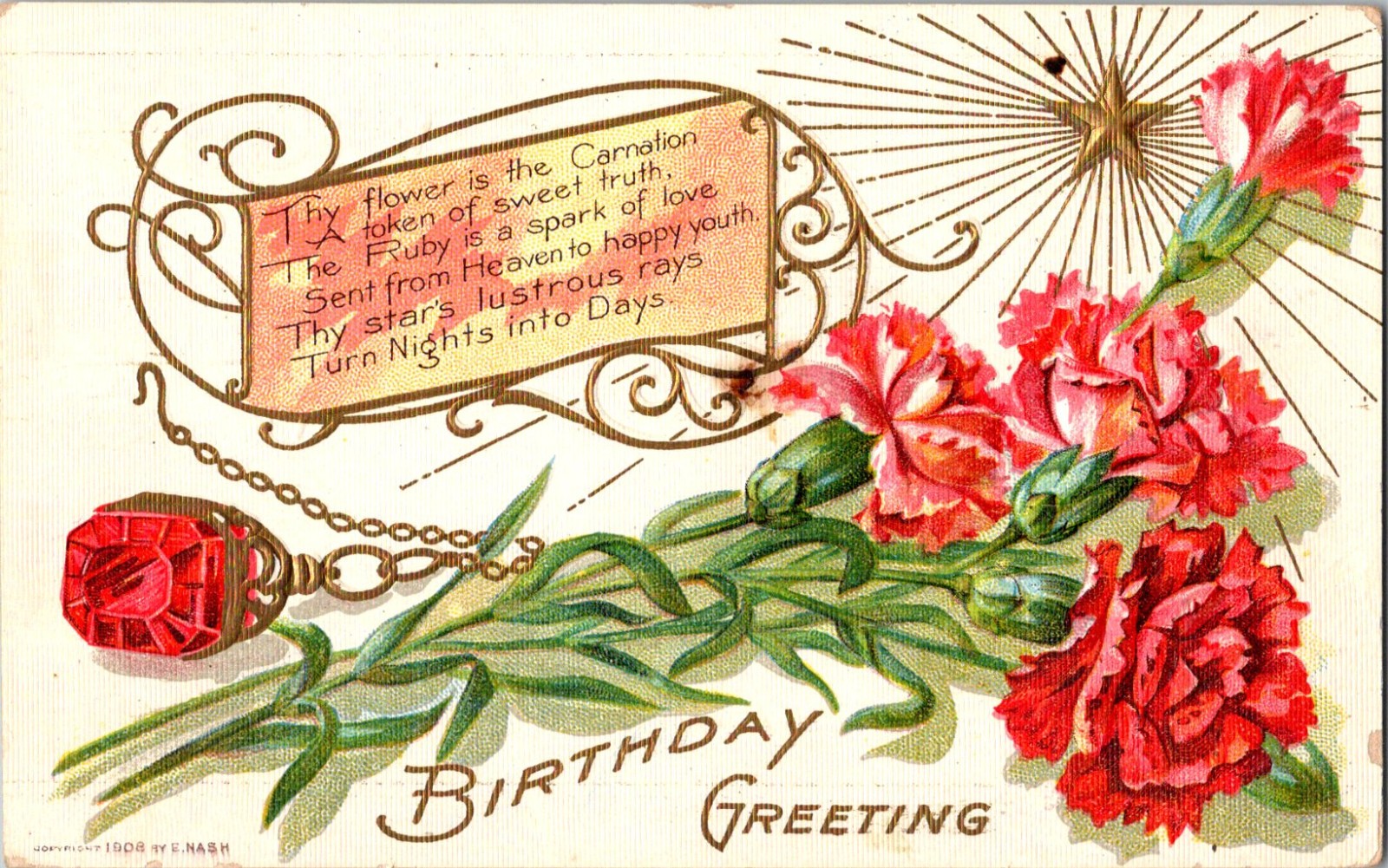 Birthday Greeting Thy Flower Is Carnation 1908 Nash Embossed Postcard