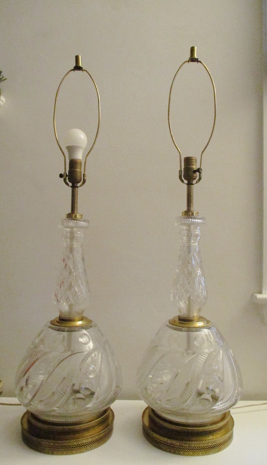 Pair Monumental Heavy Cut Glass Crystal Brass Hollywood Regency Table Lamps Wow Pair Monumental Heavy Cut Glass Crystal Brass Hollywood Regency Table Lamps Wow