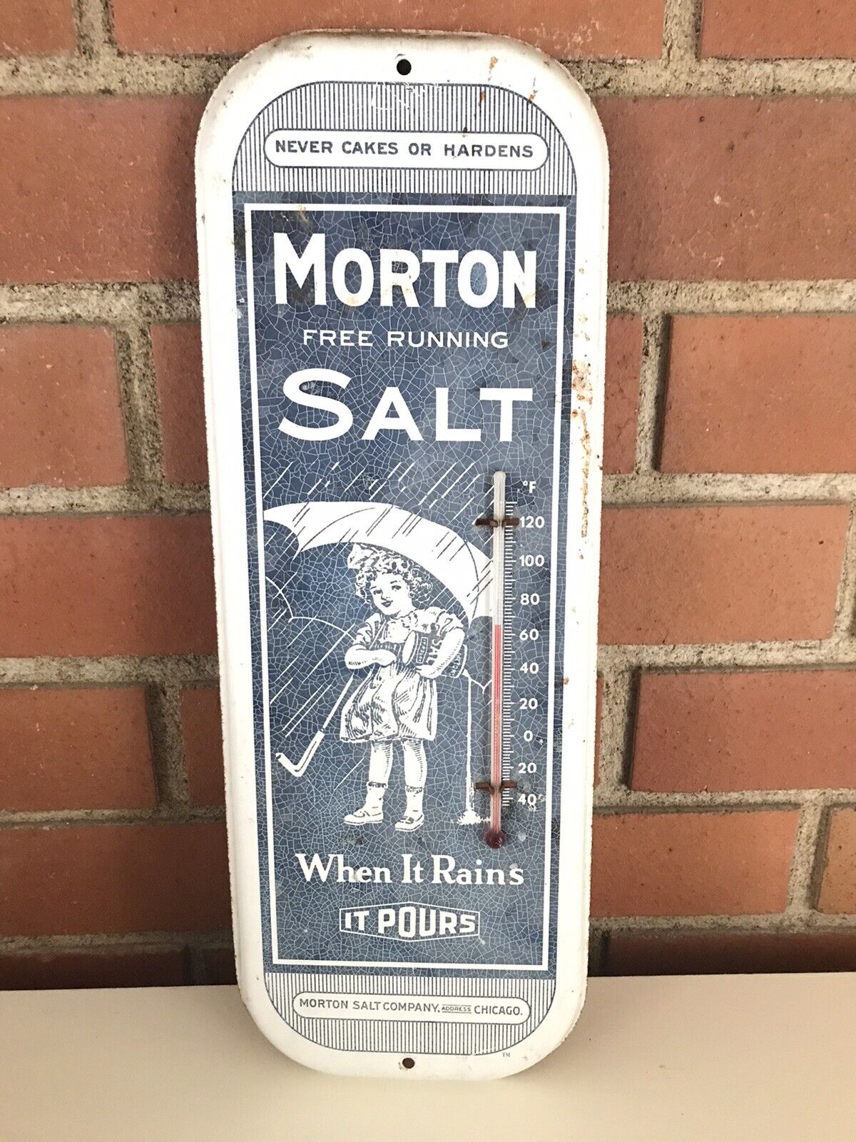 Morton Salt White & Blue Advertising Thermometer Sign