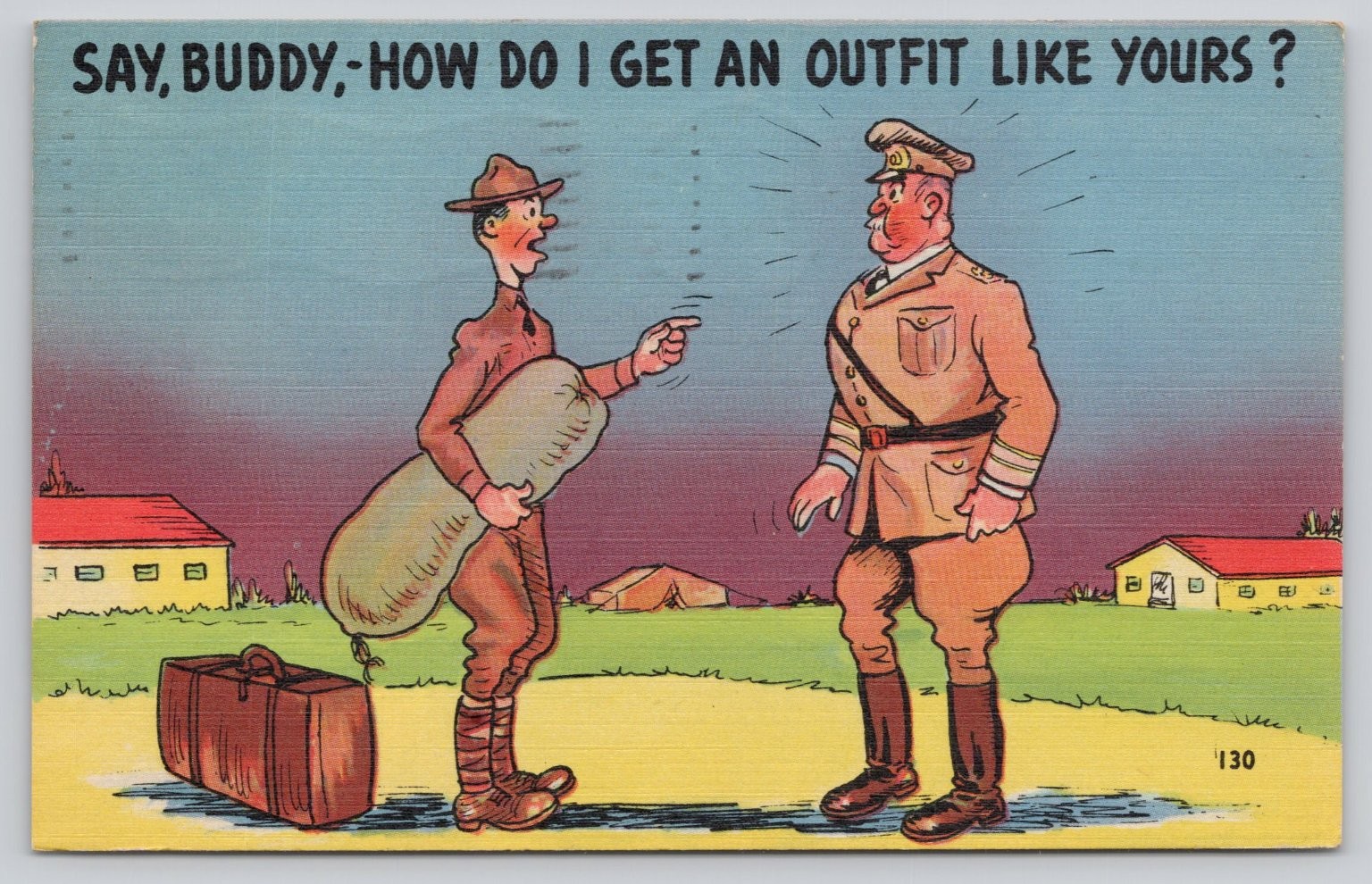 Vintage Military Cartoon Postcard - Recruit Asks Officer - Wichita Falls 1943 Vintage Military Cartoon Postcard - Recruit Asks Officer - Wichita Falls 1943