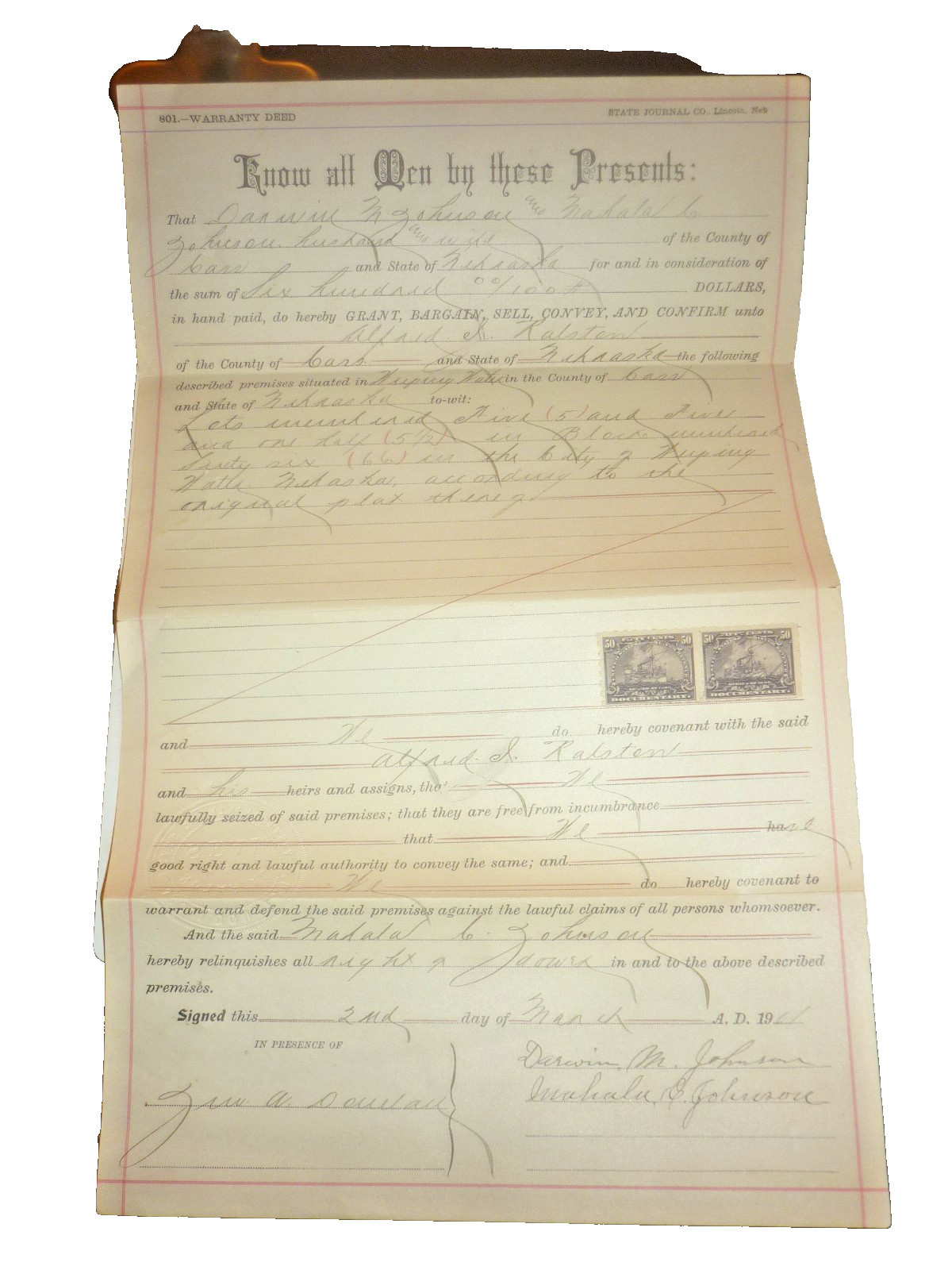 1901 Weeping Water Nebraska Warranty Deed Pair 1898 Battleship Revenue Stamps 50