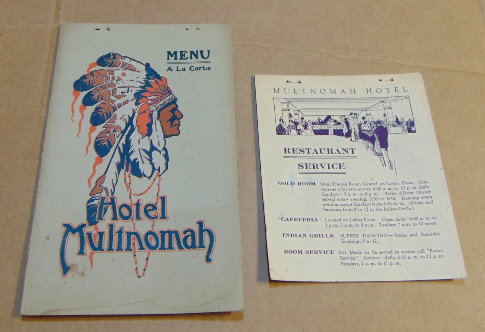 1920's Multnomah Hotel A La Carte Menu & Service Card