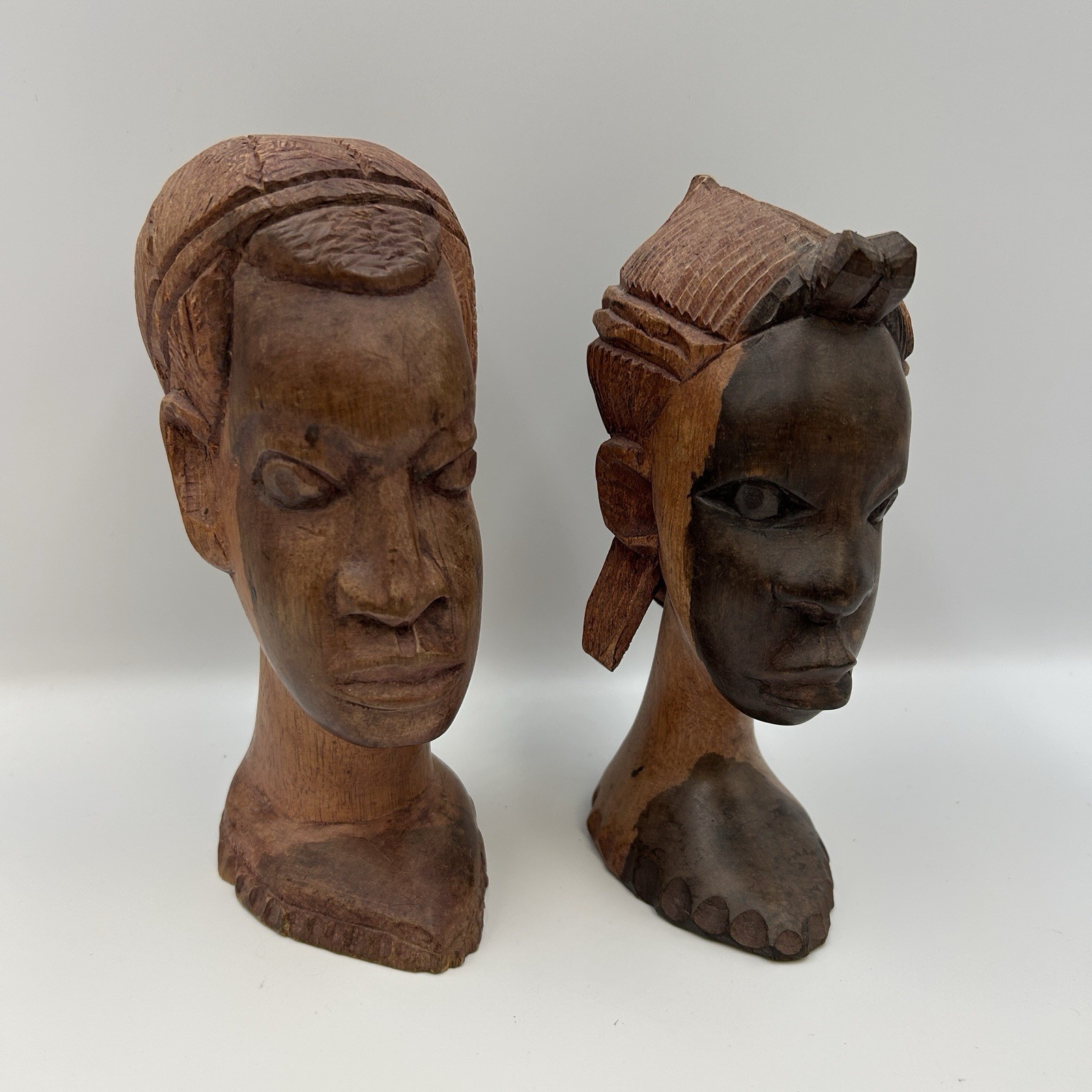 Vintage Hand Carved Solid Wood African Man Woman Heads Busts Sculptures Tribal
