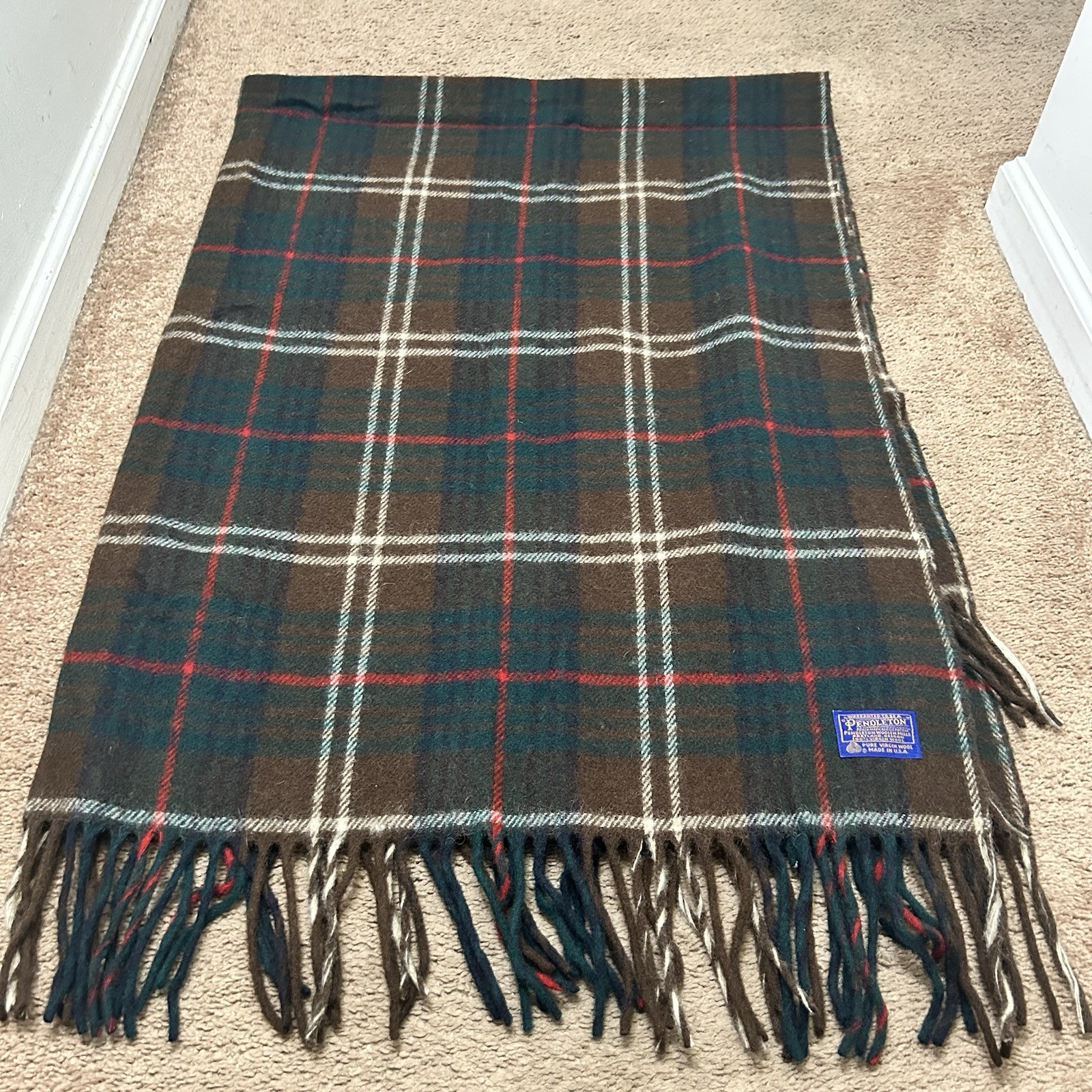Vintage Pendleton Wool Blanket With Fringe ~65” x 50” Plaid Green Brown USA Made