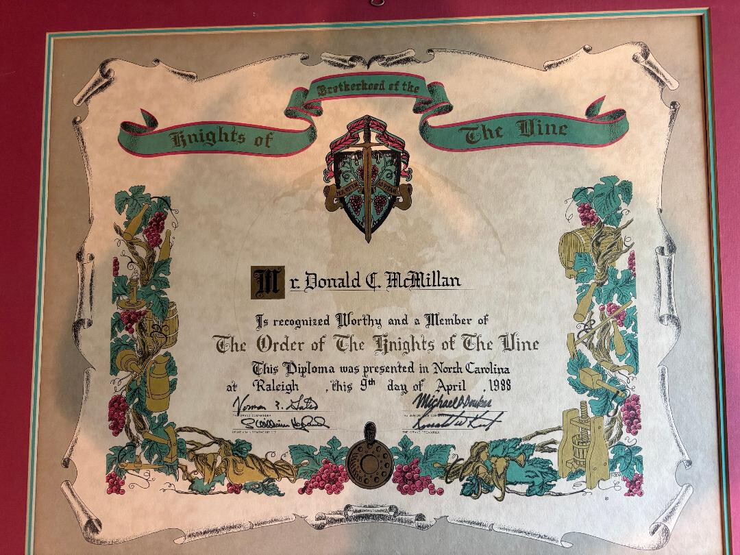 VINTAGE Brotherhood of The Knights of The Vine Member Certificate & Tastevin Cup VINTAGE Brotherhood of The Knights of The Vine Member Certificate & Tastevin Cup