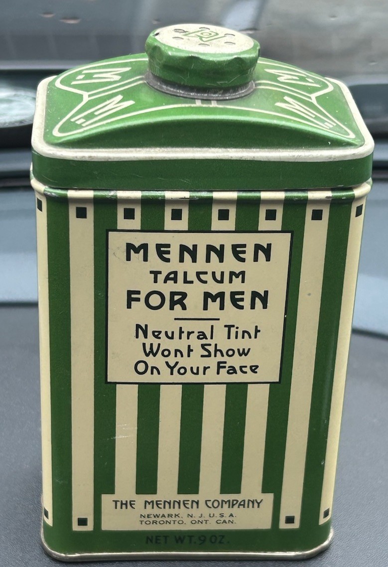 Vintage 1940's Mennen Talcum Powder Tin Large 9oz Green & White ~ NEW OLD STOCK