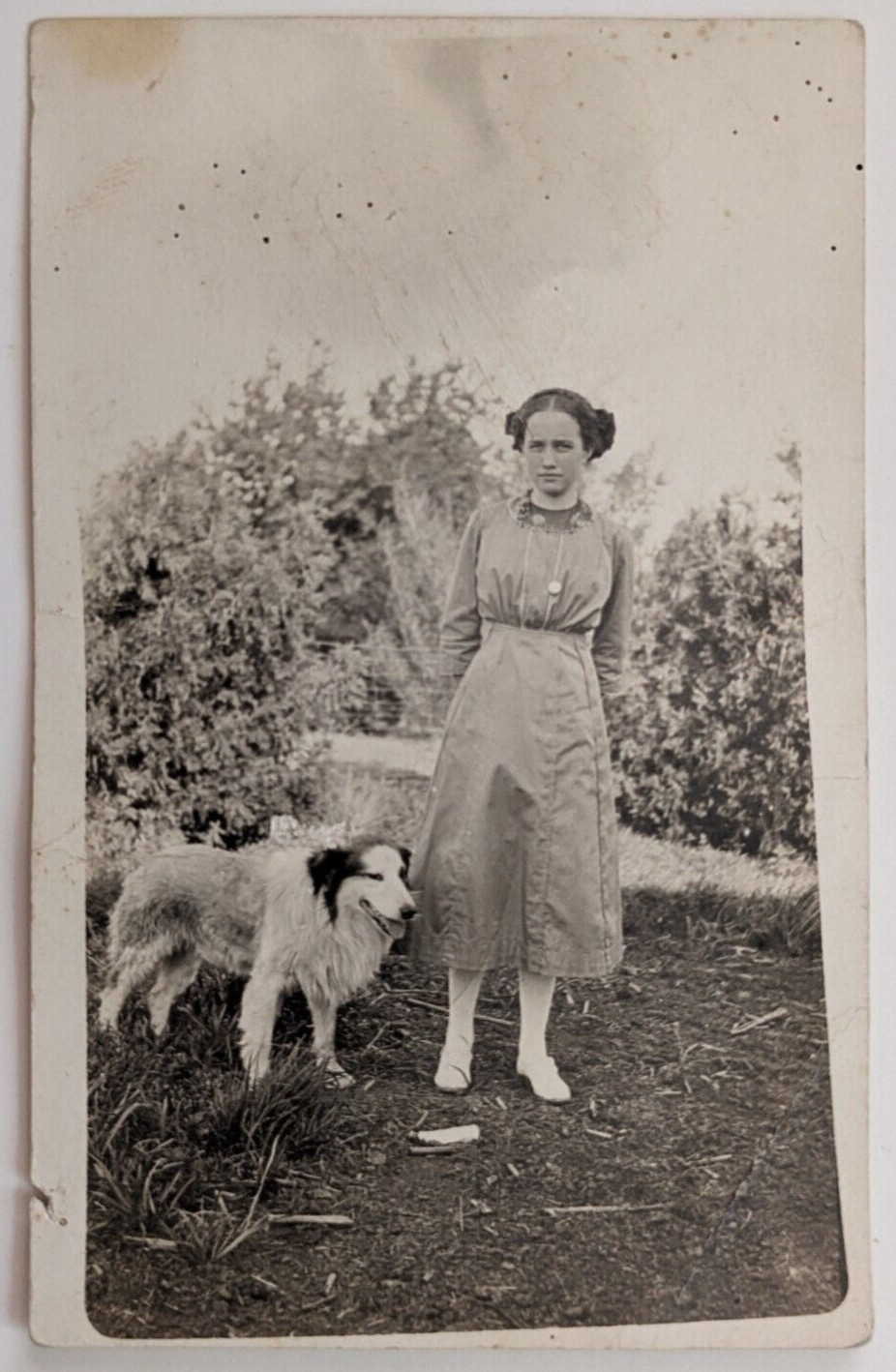 Portrait of a Woman with her Dog Outside Antique AZO RPPC Real Photo Postcard D6