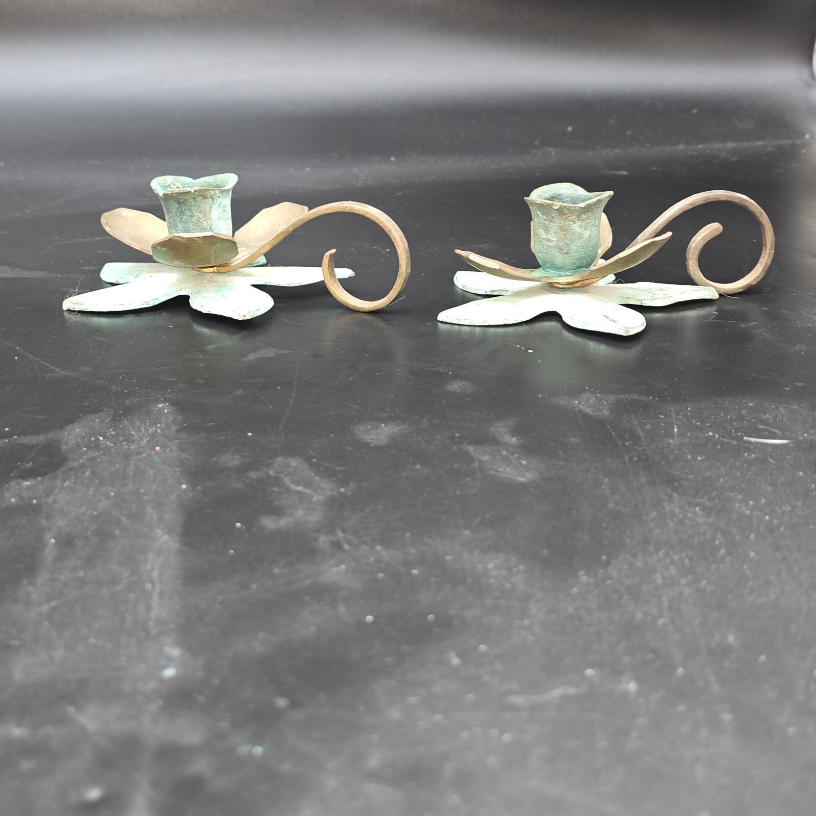 Vintage Verdigris Brass Flower Chamberstick Candle Holders Pair Made in India Vintage Verdigris Brass Flower Chamberstick Candle Holders Pair Made in India