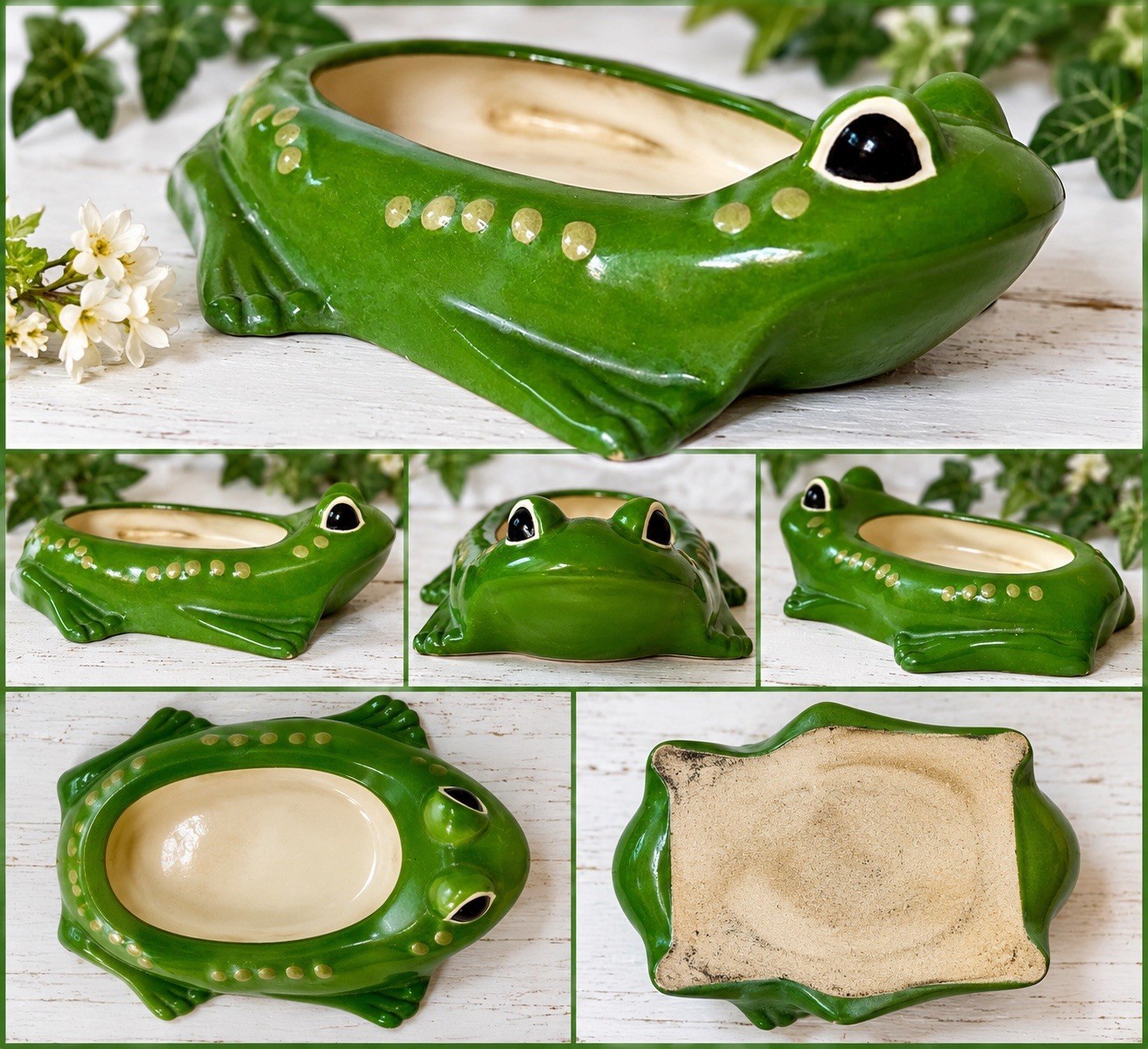 Vintage Green Ceramic Frog Planter Trinket Dish Retro Kitsch Decor 7”