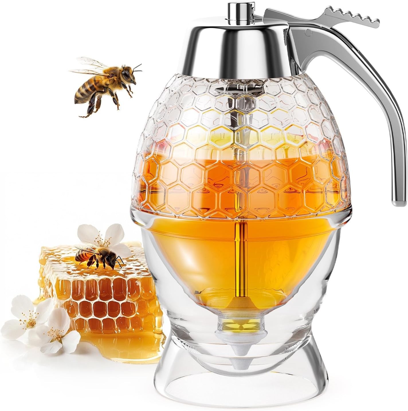 Honey Dispenser 8 Oz, No-Drip Glass Honeycomb Jar with Stand Honey Dispenser 8 Oz, No-Drip Glass Honeycomb Jar with Stand