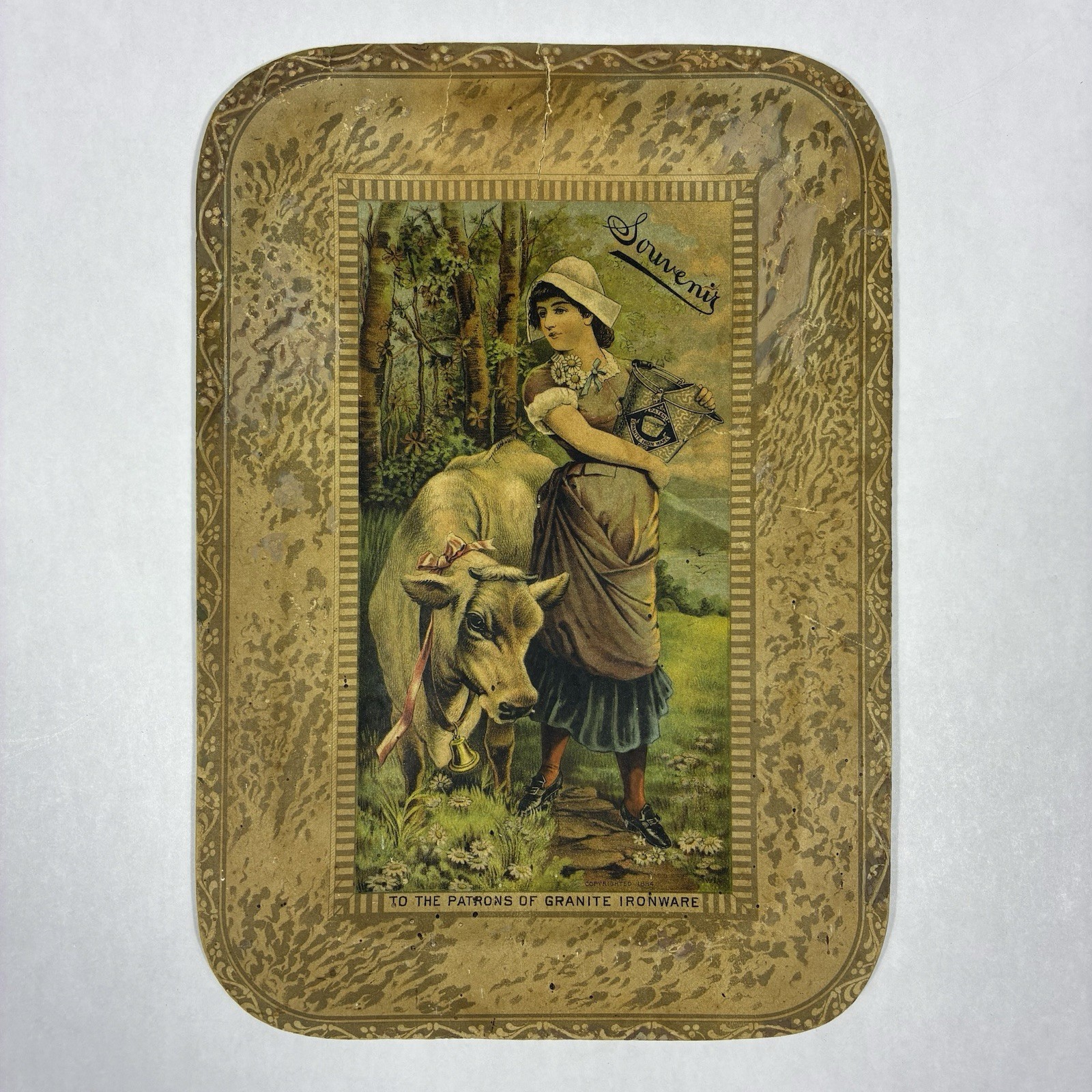 Antique 1884 Lady & Cow GRANITE IRONWARE Advertising Cardboard Tray Kitchen Farm Antique 1884 Lady & Cow GRANITE IRONWARE Advertising Cardboard Tray Kitchen Farm