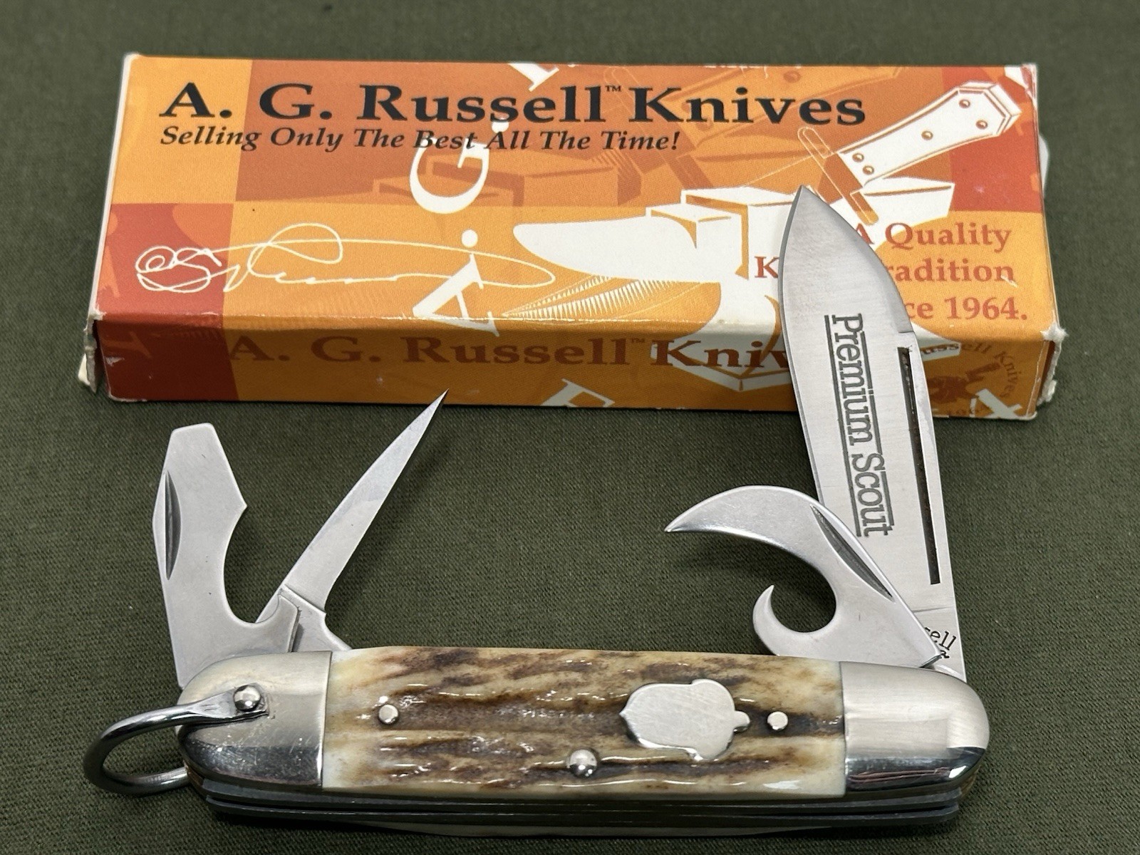 2004 A.G. Russell 4 Blade Premium Scout Knife India Stag Handles, 154CM Blade 2004 A.G. Russell 4 Blade Premium Scout Knife India Stag Handles, 154CM Blade