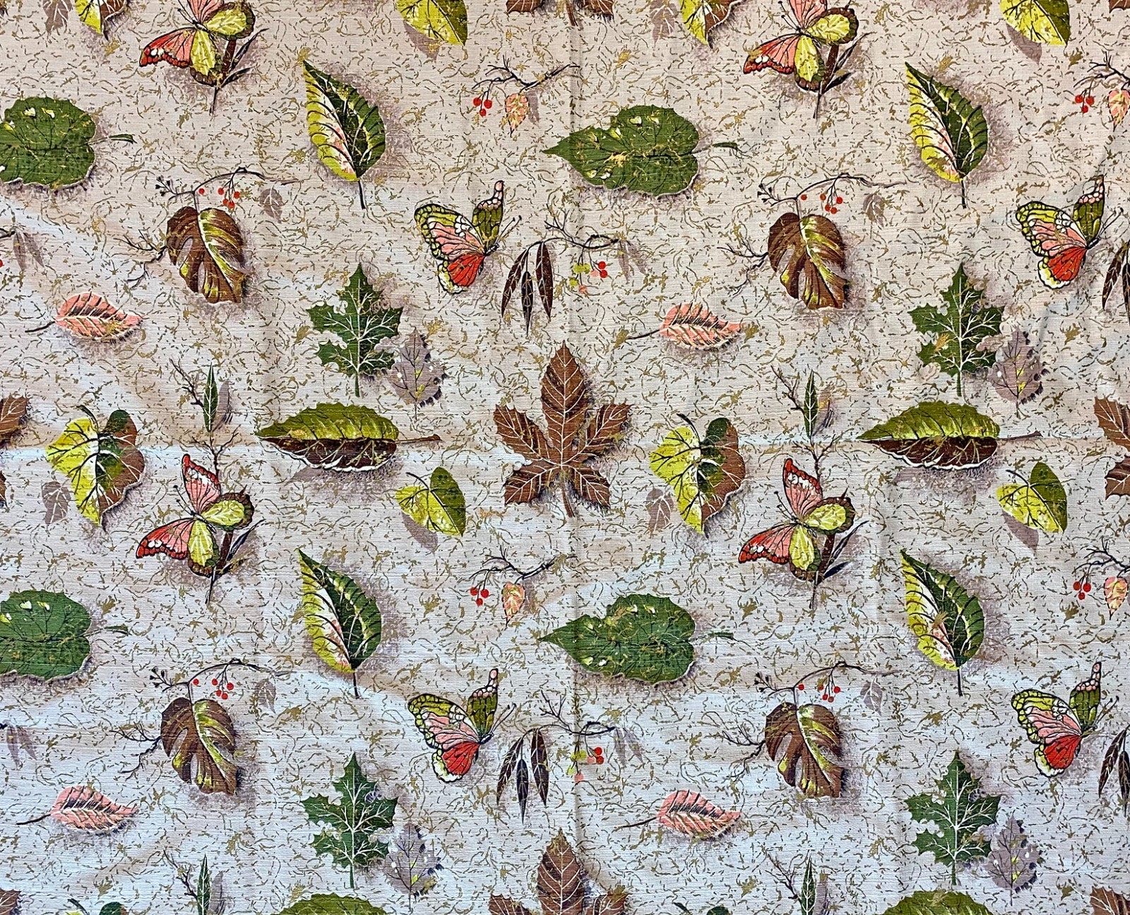 Vtg MCM Mid Century Novelty Barkcloth Fabric Butterflies Leaves