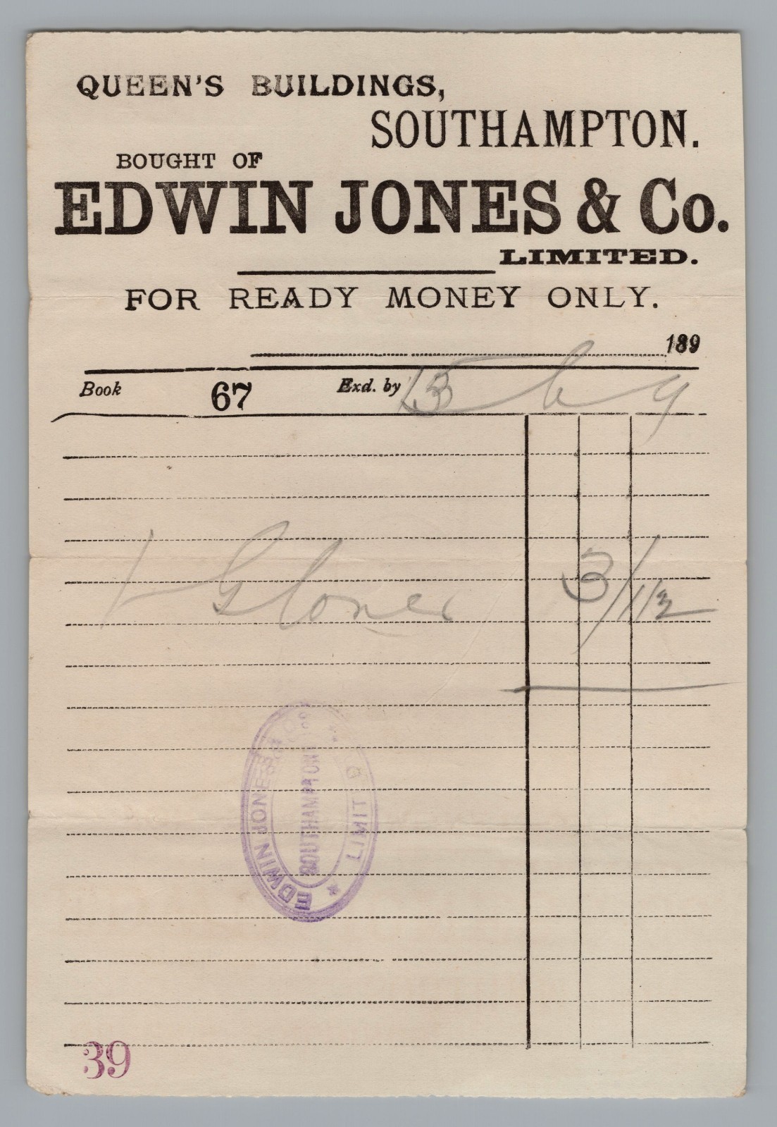 Antique 1890s Edwin Jones & Co Southampton Cash Receipt Billhead Ephemera