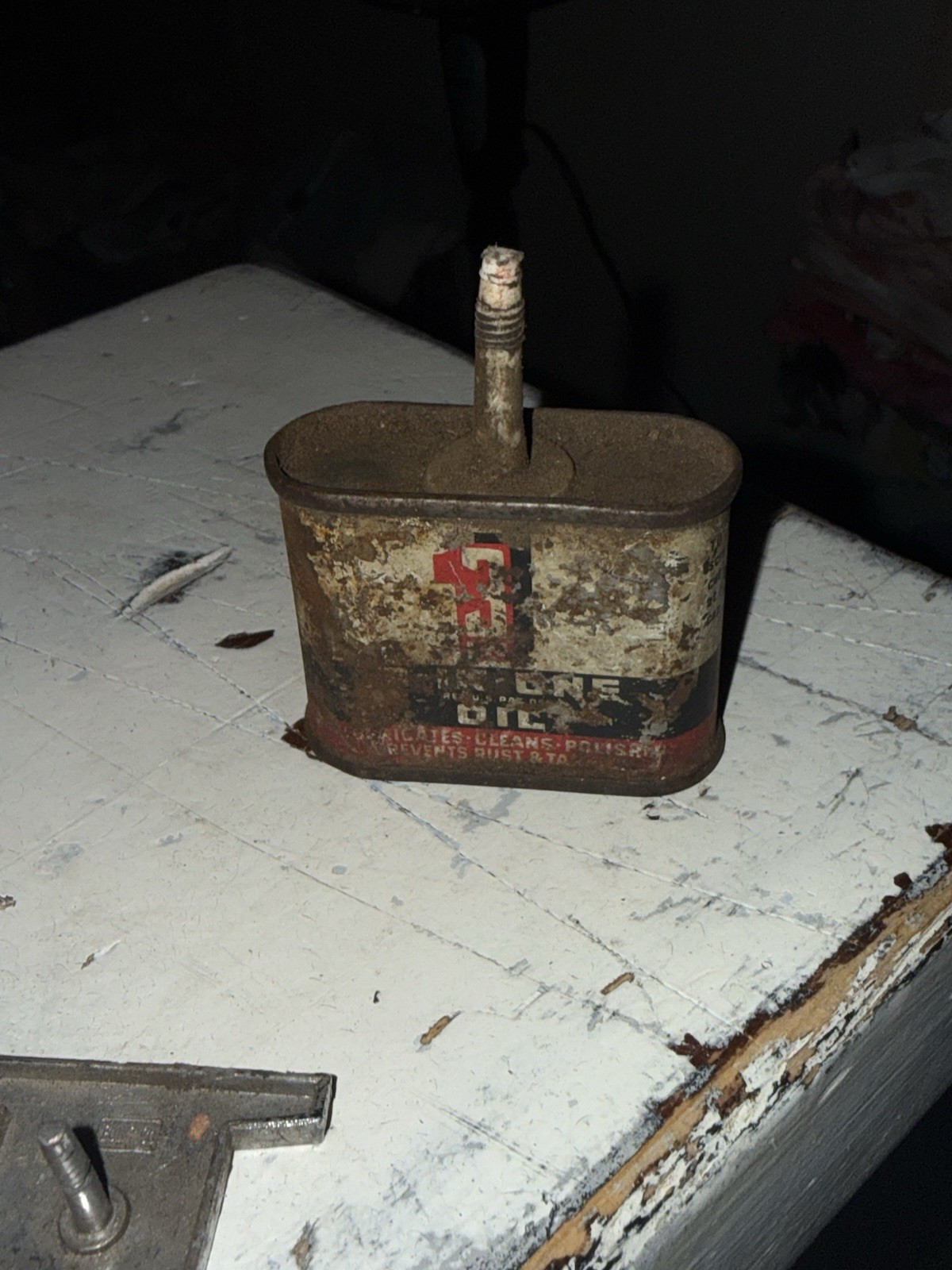 VINTAGE ANTIQUE ADVERTISEMENT OILER 3 IN ONE MINI OIL TIN CAN  EMPTY GREAT DECOR