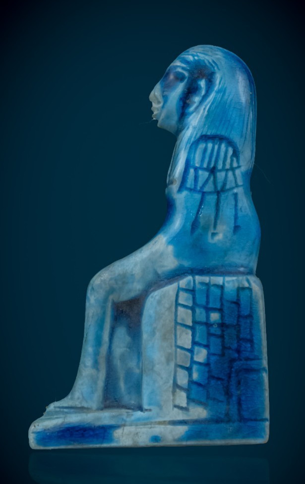 Ancient Egyptian Blue Faience Seated Figure Pharaoh Deity Hieroglyphic Statue Ancient Egyptian Blue Faience Seated Figure Pharaoh Deity Hieroglyphic Statue
