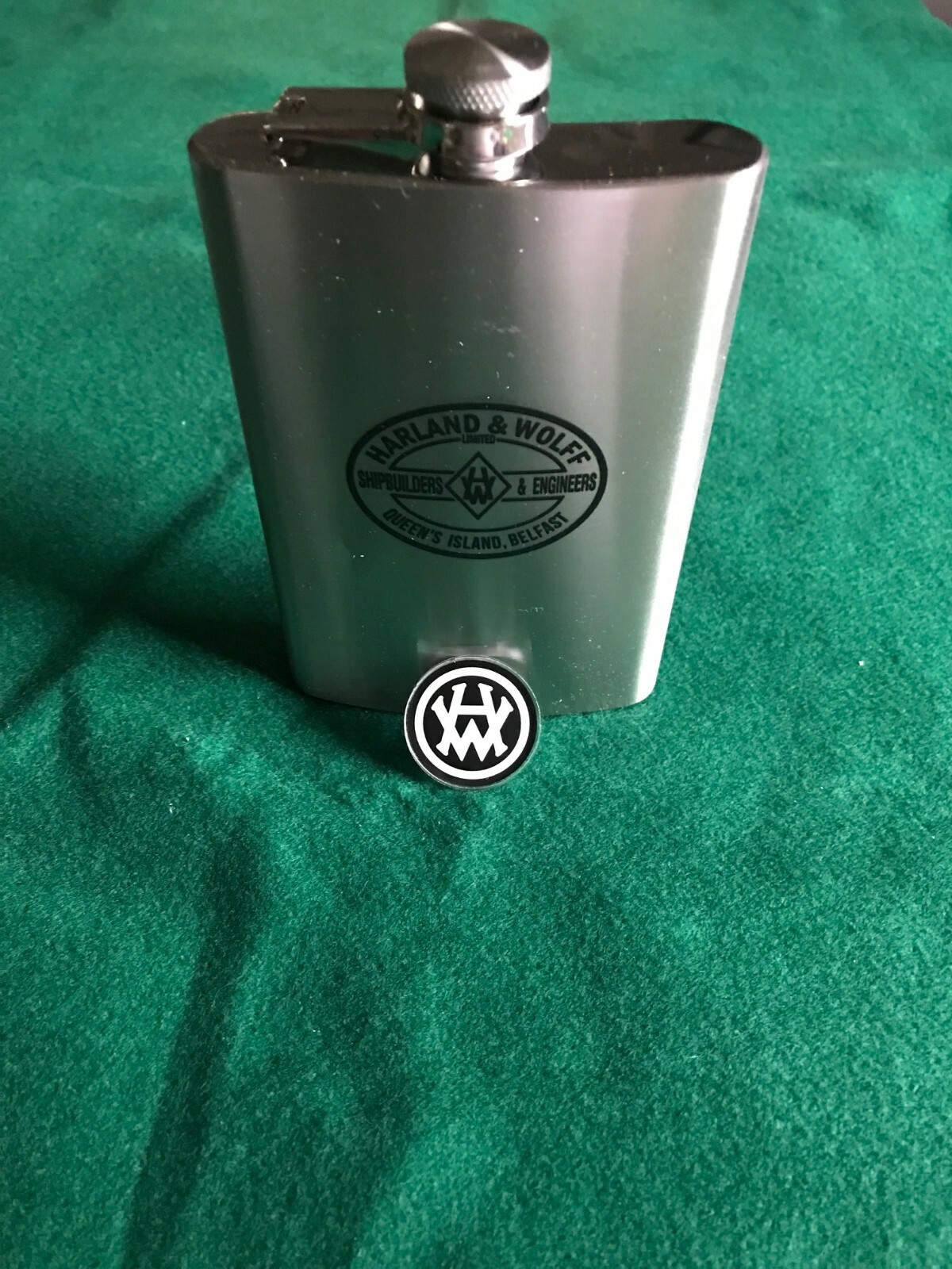 HARLAND AND WOLF FLASK & PIN SET -- THE GREAT SHIPYARD THAT BUILT TITANIC