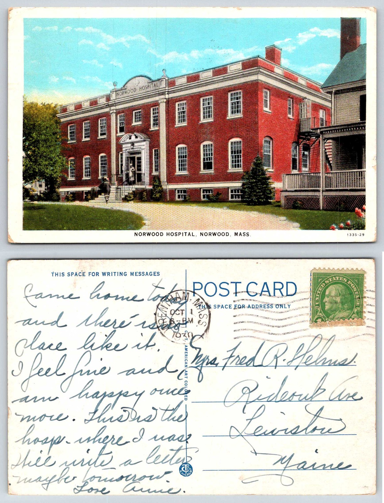 Vintage Norwood Hospital Postcard AM276 Norwood MA 1930 Postmark Red Brick Bldg