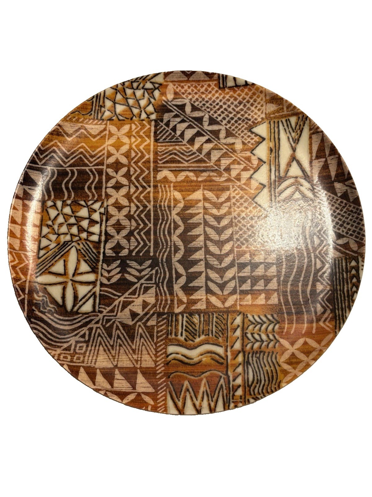 Vintage 1960s Tiki Hawaiiana Fiberglass Round Tray Polynesian Pattern 14 x .75